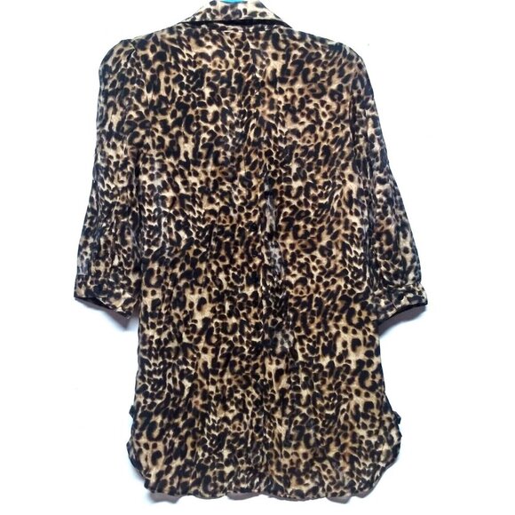 NWOT Cotton Express Top Animal Print Collar front & Back buttons long Sz M brown - Picture 2 of 8